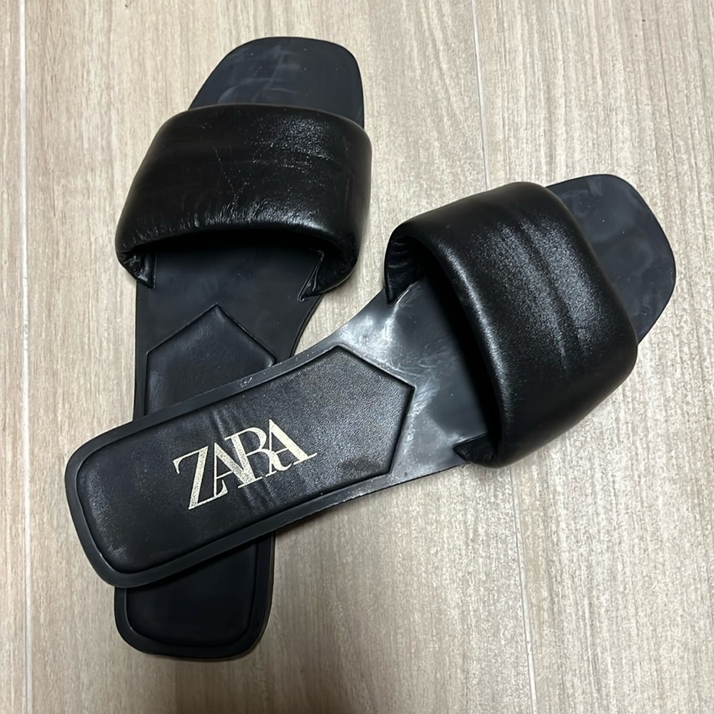 Zara Black Leather Slide Sandals 38